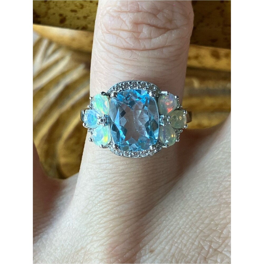 Genuine Sky Blue Topaz Ethiopian Opal Sterling Silver Ring Size 6